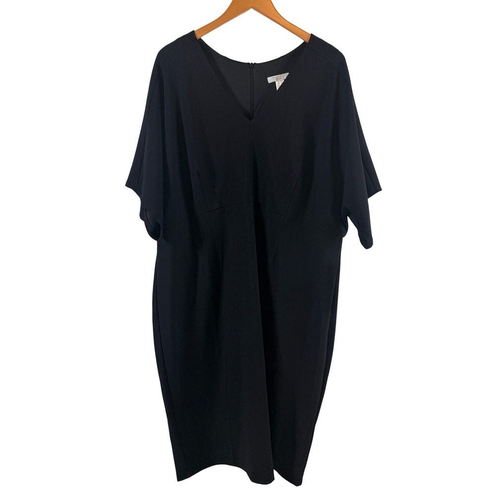 London Times Dress Sz 20W Little Black Sheath V-Neck Short Sleeve Office